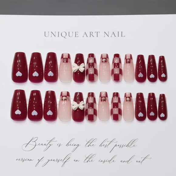 Nails Hearts Bow Plaid 24 Press On Stylish Fake Glam Trendy Romance Reusable Fun - Picture 2 of 4